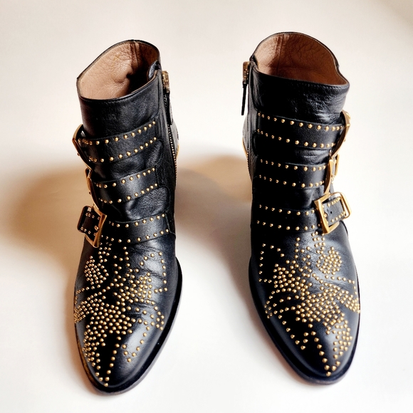 Chloé Women's Black Leather Susanna Pointed-Toe Studded Booties Boots Size 37 - Picture 4 of 16